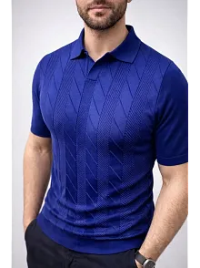 Erkek Yazlık Triko Dokuma Tişört Kısa Kol Polo Yaka T-shirt - Lacivert