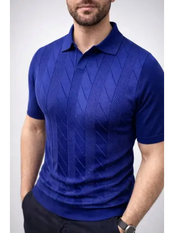 Erkek Yazlık Triko Dokuma Tişört Kısa Kol Polo Yaka T-shirt - Lacivert