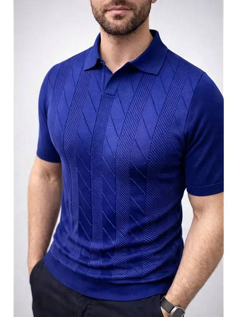 Erkek Yazlık Triko Dokuma Tişört Kısa Kol Polo Yaka T-shirt - Lacivert