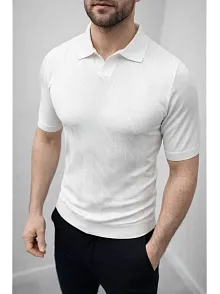 Erkek Yazlık Triko Dokuma Tişört Kısa Kol Polo Yaka T-shirt - Beyaz