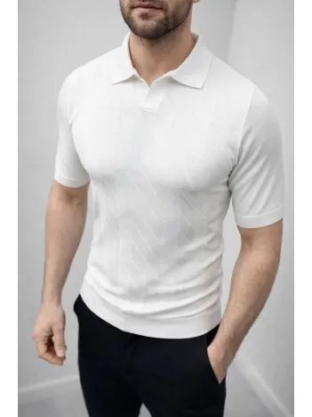 Erkek Yazlık Triko Dokuma Tişört Kısa Kol Polo Yaka T-shirt - Beyaz Erkek Yazlık Triko Dokuma Tişört Kısa Kol Polo Yaka T-shirt - Beyaz