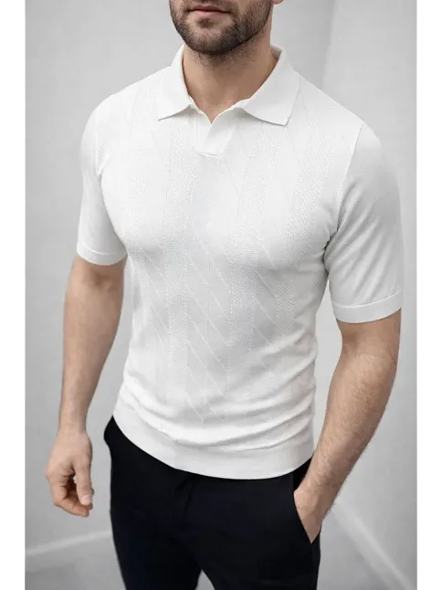 Erkek Yazlık Triko Dokuma Tişört Kısa Kol Polo Yaka T-shirt - Beyaz