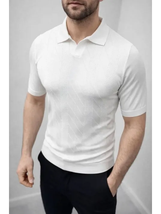 Erkek Yazlık Triko Dokuma Tişört Kısa Kol Polo Yaka T-shirt - Beyaz Erkek Yazlık Triko Dokuma Tişört Kısa Kol Polo Yaka T-shirt - Beyaz