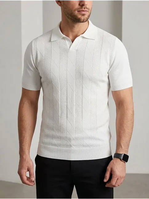 Erkek Yazlık Triko Dokuma Tişört Kısa Kol Polo Yaka T-shirt - Beyaz