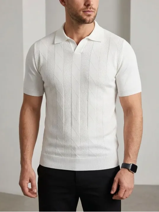 Erkek Yazlık Triko Dokuma Tişört Kısa Kol Polo Yaka T-shirt - Beyaz Erkek Yazlık Triko Dokuma Tişört Kısa Kol Polo Yaka T-shirt - Beyaz