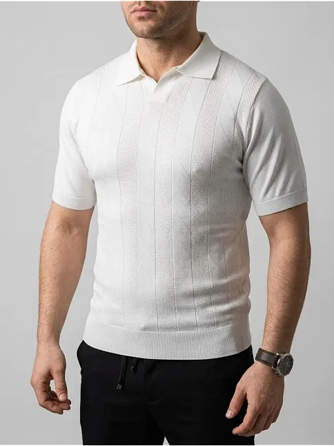 Erkek Yazlık Triko Dokuma Tişört Kısa Kol Polo Yaka T-shirt - Beyaz