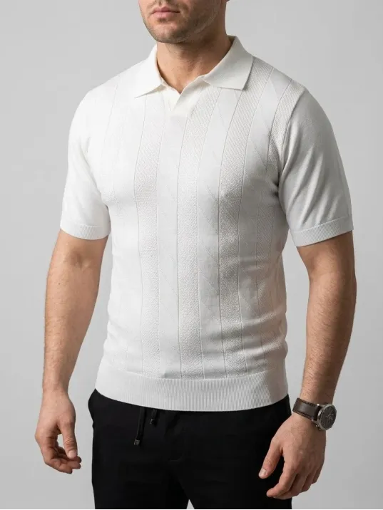 Erkek Yazlık Triko Dokuma Tişört Kısa Kol Polo Yaka T-shirt - Beyaz Erkek Yazlık Triko Dokuma Tişört Kısa Kol Polo Yaka T-shirt - Beyaz