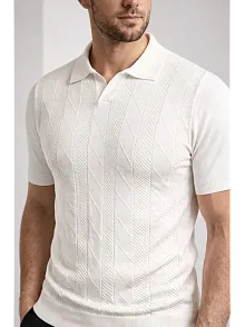 Erkek Yazlık Triko Dokuma Tişört Kısa Kol Polo Yaka T-shirt - Beyaz
