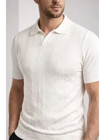 Erkek Yazlık Triko Dokuma Tişört Kısa Kol Polo Yaka T-shirt - Beyaz
