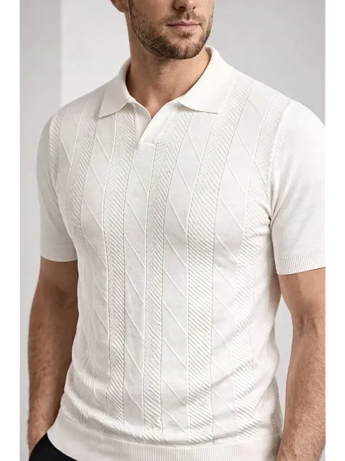 Erkek Yazlık Triko Dokuma Tişört Kısa Kol Polo Yaka T-shirt - Beyaz