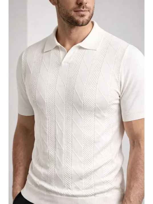 Erkek Yazlık Triko Dokuma Tişört Kısa Kol Polo Yaka T-shirt - Beyaz Erkek Yazlık Triko Dokuma Tişört Kısa Kol Polo Yaka T-shirt - Beyaz