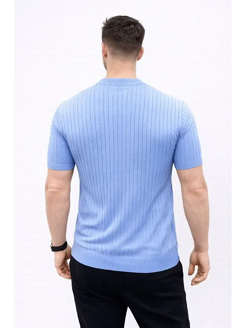 Erkek Kısa Kol Fitilli Triko T-shirt Yazlık Hakim Yaka Tişört - Bebek Mavisi