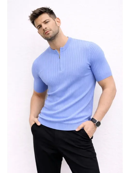 Erkek Kısa Kol Fitilli Triko T-shirt Yazlık Hakim Yaka Tişört - Bebek Mavisi Erkek Kısa Kol Fitilli Triko T-shirt Yazlık Hakim Yaka Tişört - Bebek Mavisi