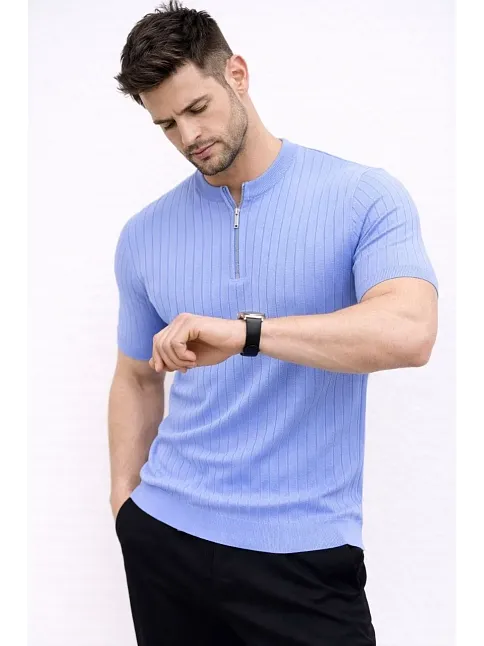 Erkek Kısa Kol Fitilli Triko T-shirt Yazlık Hakim Yaka Tişört - Bebek Mavisi
