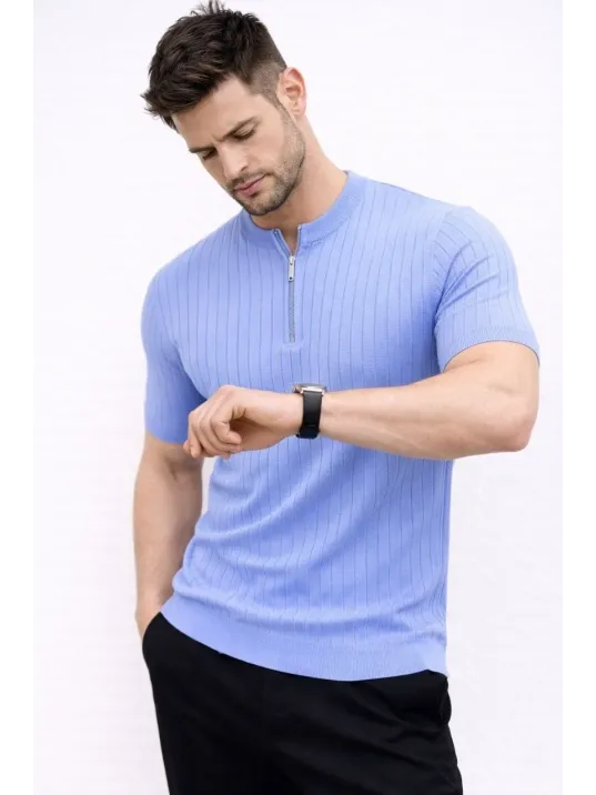 Erkek Kısa Kol Fitilli Triko T-shirt Yazlık Hakim Yaka Tişört - Bebek Mavisi Erkek Kısa Kol Fitilli Triko T-shirt Yazlık Hakim Yaka Tişört - Bebek Mavisi
