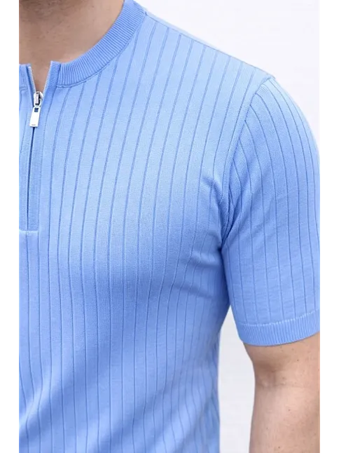 Erkek Kısa Kol Fitilli Triko T-shirt Yazlık Hakim Yaka Tişört - Bebek Mavisi