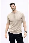 Erkek Kısa Kol Fitilli Triko T-shirt Yazlık Hakim Yaka Tişört - Bej