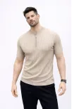 Erkek Kısa Kol Fitilli Triko T-shirt Yazlık Hakim Yaka Tişört - Bej