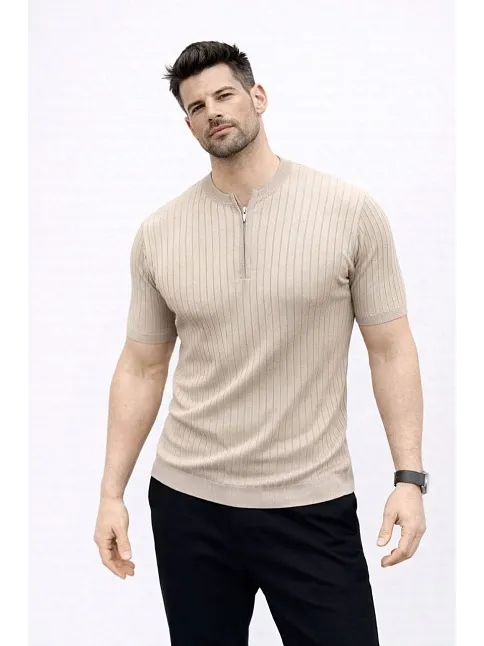 Erkek Kısa Kol Fitilli Triko T-shirt Yazlık Hakim Yaka Tişört - Bej