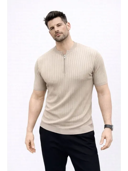 Erkek Kısa Kol Fitilli Triko T-shirt Yazlık Hakim Yaka Tişört - Bej