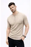 Erkek Kısa Kol Fitilli Triko T-shirt Yazlık Hakim Yaka Tişört - Bej