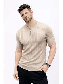 Erkek Kısa Kol Fitilli Triko T-shirt Yazlık Hakim Yaka Tişört - Bej