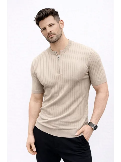 Erkek Kısa Kol Fitilli Triko T-shirt Yazlık Hakim Yaka Tişört - Bej