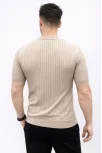 Erkek Kısa Kol Fitilli Triko T-shirt Yazlık Hakim Yaka Tişört - Bej