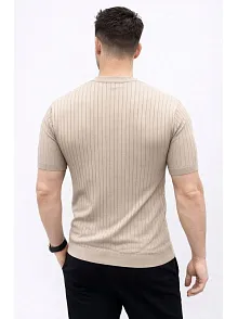 Erkek Kısa Kol Fitilli Triko T-shirt Yazlık Hakim Yaka Tişört - Bej