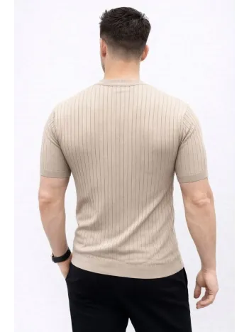 Erkek Kısa Kol Fitilli Triko T-shirt Yazlık Hakim Yaka Tişört - Bej Erkek Kısa Kol Fitilli Triko T-shirt Yazlık Hakim Yaka Tişört - Bej