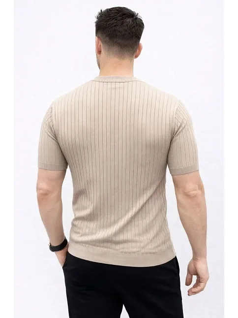 Erkek Kısa Kol Fitilli Triko T-shirt Yazlık Hakim Yaka Tişört - Bej