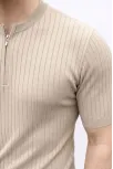 Erkek Kısa Kol Fitilli Triko T-shirt Yazlık Hakim Yaka Tişört - Bej