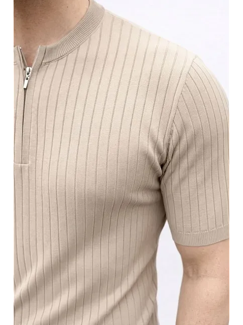 Erkek Kısa Kol Fitilli Triko T-shirt Yazlık Hakim Yaka Tişört - Bej