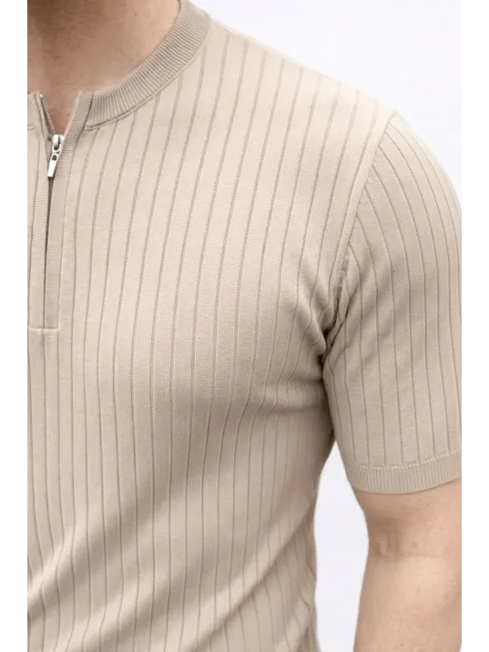 Erkek Kısa Kol Fitilli Triko T-shirt Yazlık Hakim Yaka Tişört - Bej