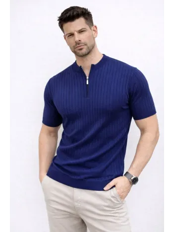 Erkek Kısa Kol Fitilli Triko T-shirt Yazlık Hakim Yaka Tişört - Lacivert