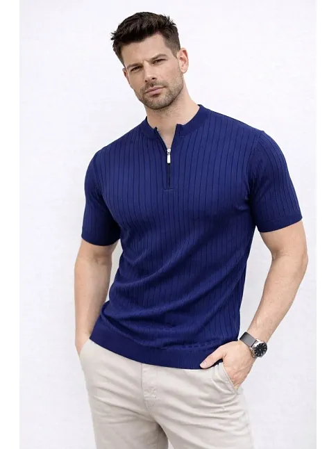 Erkek Kısa Kol Fitilli Triko T-shirt Yazlık Hakim Yaka Tişört - Lacivert
