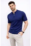 Erkek Kısa Kol Fitilli Triko T-shirt Yazlık Hakim Yaka Tişört - Lacivert