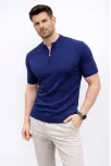 Erkek Kısa Kol Fitilli Triko T-shirt Yazlık Hakim Yaka Tişört - Lacivert