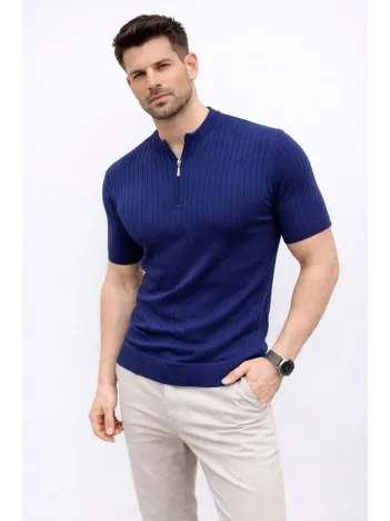 Erkek Kısa Kol Fitilli Triko T-shirt Yazlık Hakim Yaka Tişört - Lacivert Erkek Kısa Kol Fitilli Triko T-shirt Yazlık Hakim Yaka Tişört - Lacivert