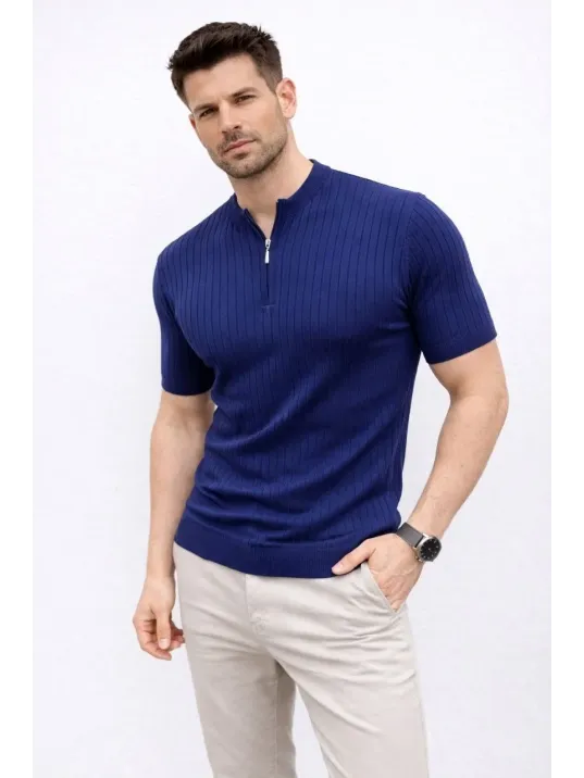 Erkek Kısa Kol Fitilli Triko T-shirt Yazlık Hakim Yaka Tişört - Lacivert