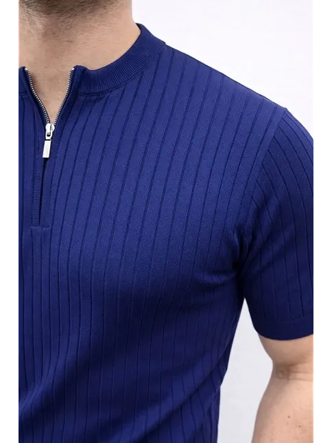 Erkek Kısa Kol Fitilli Triko T-shirt Yazlık Hakim Yaka Tişört - Lacivert