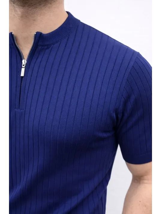 Erkek Kısa Kol Fitilli Triko T-shirt Yazlık Hakim Yaka Tişört - Lacivert