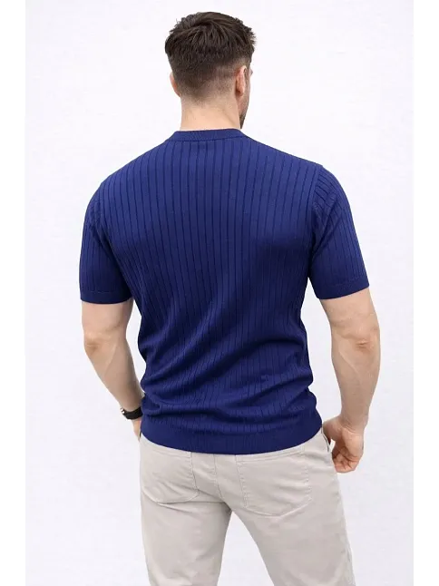 Erkek Kısa Kol Fitilli Triko T-shirt Yazlık Hakim Yaka Tişört - Lacivert