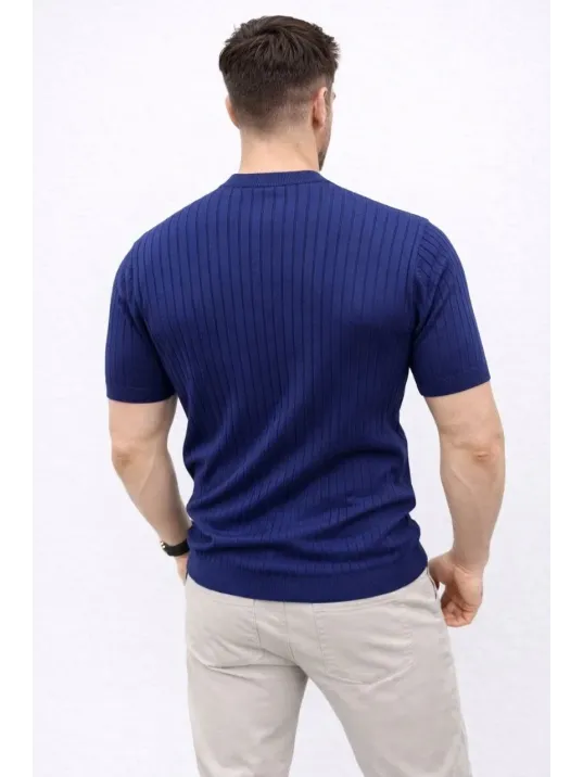 Erkek Kısa Kol Fitilli Triko T-shirt Yazlık Hakim Yaka Tişört - Lacivert