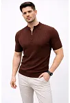 Erkek Kısa Kol Fitilli Triko T-shirt Yazlık Hakim Yaka Tişört - Kahverengi