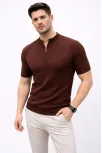 Erkek Kısa Kol Fitilli Triko T-shirt Yazlık Hakim Yaka Tişört - Kahverengi Erkek Kısa Kol Fitilli Triko T-shirt Yazlık Hakim Yaka Tişört - Kahverengi