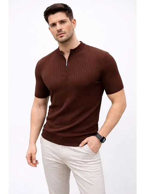 Erkek Kısa Kol Fitilli Triko T-shirt Yazlık Hakim Yaka Tişört - Kahverengi