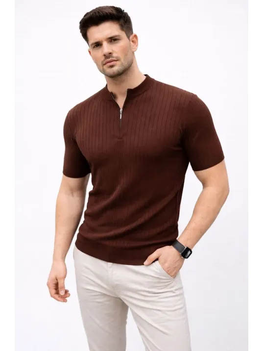 Erkek Kısa Kol Fitilli Triko T-shirt Yazlık Hakim Yaka Tişört - Kahverengi Erkek Kısa Kol Fitilli Triko T-shirt Yazlık Hakim Yaka Tişört - Kahverengi