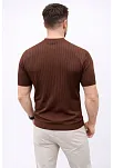 Erkek Kısa Kol Fitilli Triko T-shirt Yazlık Hakim Yaka Tişört - Kahverengi