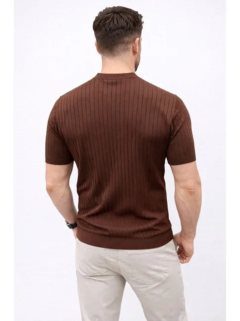 Erkek Kısa Kol Fitilli Triko T-shirt Yazlık Hakim Yaka Tişört - Kahverengi